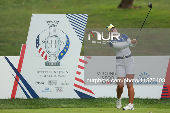 GAINESVILLE, VIRGINIA - SEPTEMBER 15: Emily Kristine Pedersen of Team Europe plays her tee shot on the seventh hole during single matches on...