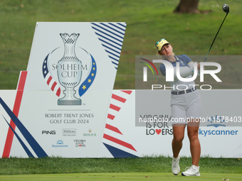 GAINESVILLE, VIRGINIA - SEPTEMBER 15: Emily Kristine Pedersen of Team Europe plays her tee shot on the seventh hole during single matches on...