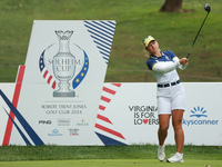 GAINESVILLE, VIRGINIA - SEPTEMBER 15: Emily Kristine Pedersen of Team Europe plays her tee shot on the seventh hole during single matches on...