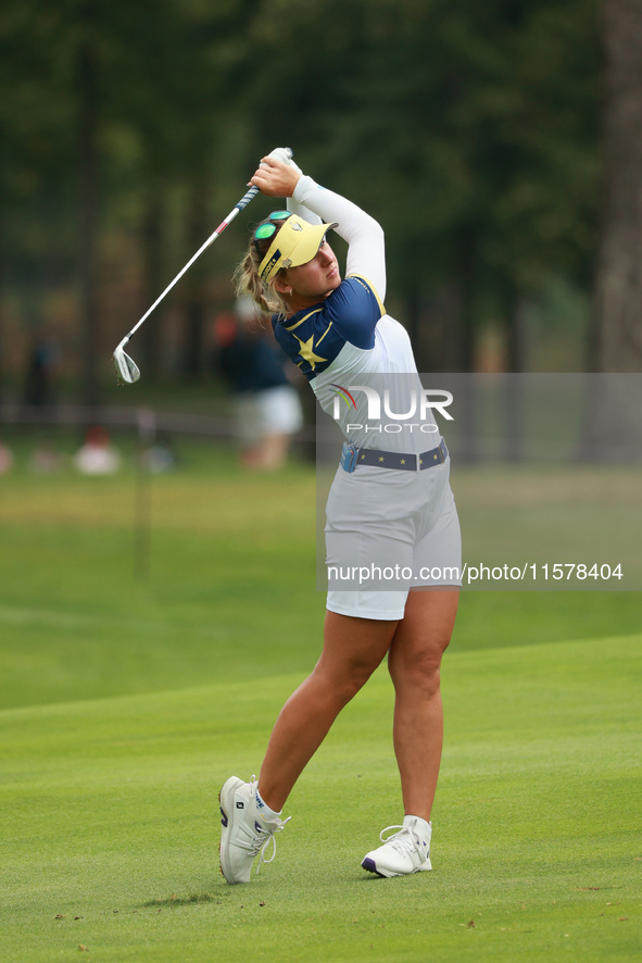 GAINESVILLE, VIRGINIA - SEPTEMBER 15: Emily Kristine Pedersen of Team Europe plays her second shot on the seventh hole during single matches...