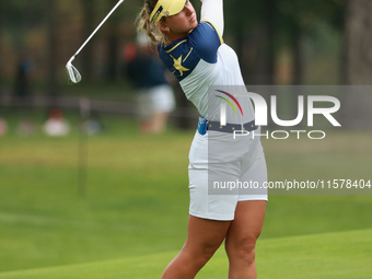 GAINESVILLE, VIRGINIA - SEPTEMBER 15: Emily Kristine Pedersen of Team Europe plays her second shot on the seventh hole during single matches...