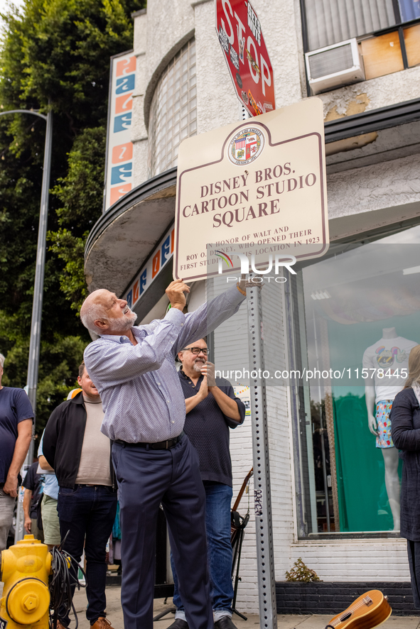 A block party in Los Feliz, United States, on September 15, 2024, dedicates the site of Walt Disney's first studio, which operates there fro...