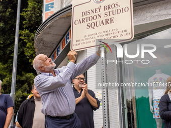 A block party in Los Feliz, United States, on September 15, 2024, dedicates the site of Walt Disney's first studio, which operates there fro...