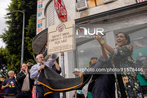 A block party in Los Feliz, United States, on September 15, 2024, dedicates the site of Walt Disney's first studio, which operates there fro...