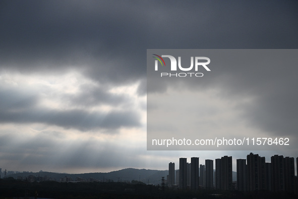 Clouds gather over Nanjing, which is affected by Typhoon Bebika, in Nanjing, Jiangsu province, China, on September 16, 2024. It is reported...