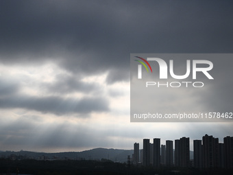 Clouds gather over Nanjing, which is affected by Typhoon Bebika, in Nanjing, Jiangsu province, China, on September 16, 2024. It is reported...