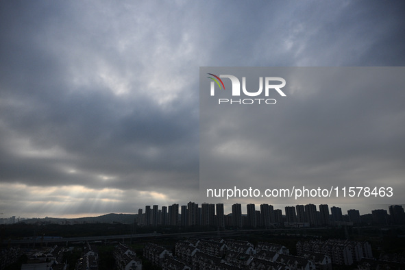 Clouds gather over Nanjing, which is affected by Typhoon Bebika, in Nanjing, Jiangsu province, China, on September 16, 2024. It is reported...