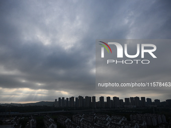 Clouds gather over Nanjing, which is affected by Typhoon Bebika, in Nanjing, Jiangsu province, China, on September 16, 2024. It is reported...