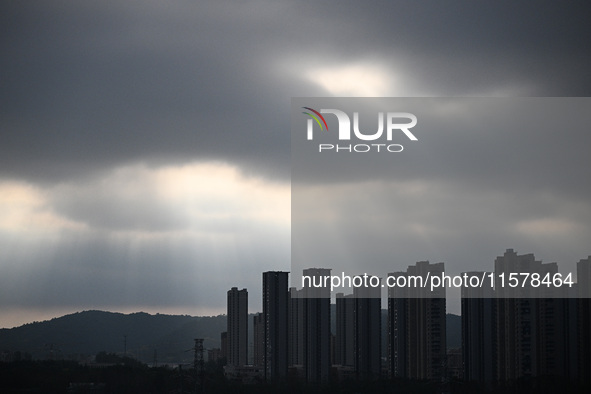 Clouds gather over Nanjing, which is affected by Typhoon Bebika, in Nanjing, Jiangsu province, China, on September 16, 2024. It is reported...