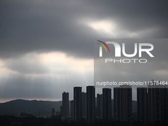 Clouds gather over Nanjing, which is affected by Typhoon Bebika, in Nanjing, Jiangsu province, China, on September 16, 2024. It is reported...