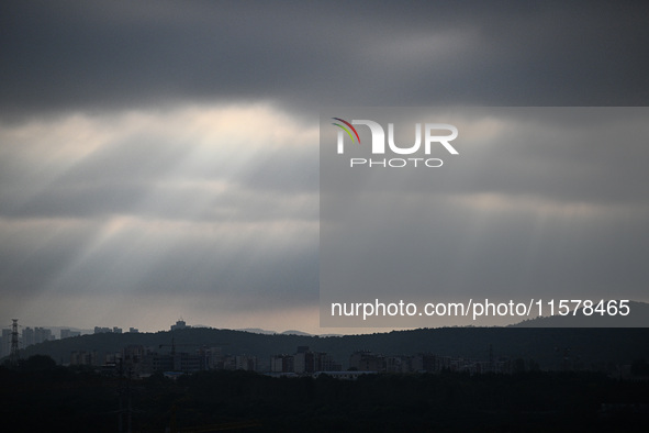 Clouds gather over Nanjing, which is affected by Typhoon Bebika, in Nanjing, Jiangsu province, China, on September 16, 2024. It is reported...