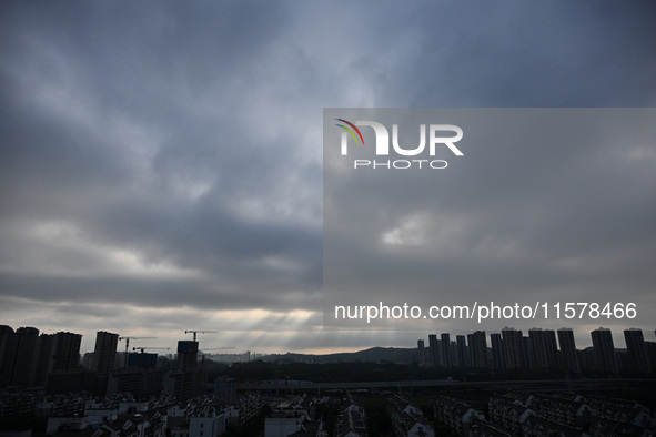 Clouds gather over Nanjing, which is affected by Typhoon Bebika, in Nanjing, Jiangsu province, China, on September 16, 2024. It is reported...