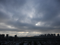 Clouds gather over Nanjing, which is affected by Typhoon Bebika, in Nanjing, Jiangsu province, China, on September 16, 2024. It is reported...