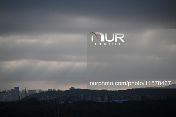 Clouds gather over Nanjing, which is affected by Typhoon Bebika, in Nanjing, Jiangsu province, China, on September 16, 2024. It is reported...