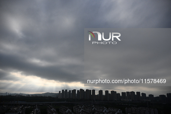 Clouds gather over Nanjing, which is affected by Typhoon Bebika, in Nanjing, Jiangsu province, China, on September 16, 2024. It is reported...