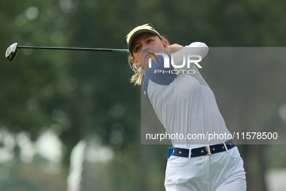 GAINESVILLE, VIRGINIA - SEPTEMBER 15: Emily Kristine Pedersen of Team Europe plays her second shot on the eighth hole during single matches...