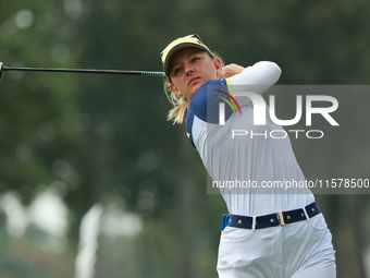 GAINESVILLE, VIRGINIA - SEPTEMBER 15: Emily Kristine Pedersen of Team Europe plays her second shot on the eighth hole during single matches...