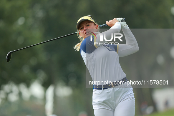 GAINESVILLE, VIRGINIA - SEPTEMBER 15: Emily Kristine Pedersen of Team Europe plays her second shot on the eighth hole during single matches...