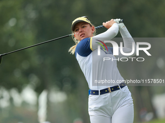 GAINESVILLE, VIRGINIA - SEPTEMBER 15: Emily Kristine Pedersen of Team Europe plays her second shot on the eighth hole during single matches...