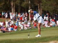 GAINESVILLE, VIRGINIA - SEPTEMBER 15: Celine Boutier of Team Europe follows her putt on the 16th green during single matches on Day Three of...