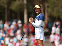 GAINESVILLE, VIRGINIA - SEPTEMBER 15: Celine Boutier of Team Europe reacts to her putt on the 16th green during single matches on Day Three...