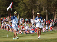 GAINESVILLE, VIRGINIA - SEPTEMBER 15: Celine Boutier of Team Europe reacts to her putt on the 16th green during single matches on Day Three...