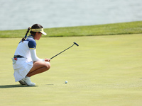 GAINESVILLE, VIRGINIA - SEPTEMBER 15: Celine Boutier of Team Europe lines up her putt on the 18th green during single matches on Day Three o...