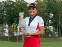 GAINESVILLE, VIRGINIA - SEPTEMBER 15: Lexi Thompson of the United States poses with the trophy on the 18th green at the conclusion of the So...