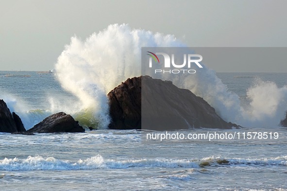 Waves surge due to the external circulation of Typhoon Bebika along the west coast of Qingdao, China, on September 16, 2024. 