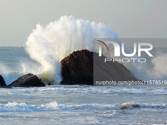 Waves surge due to the external circulation of Typhoon Bebika along the west coast of Qingdao, China, on September 16, 2024. (