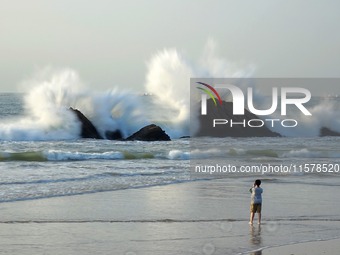 Waves surge due to the external circulation of Typhoon Bebika along the west coast of Qingdao, China, on September 16, 2024. (