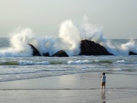 Waves surge due to the external circulation of Typhoon Bebika along the west coast of Qingdao, China, on September 16, 2024. (