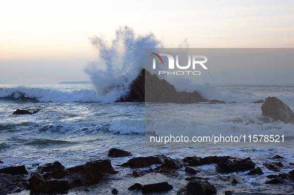 Waves surge due to the external circulation of Typhoon Bebika along the west coast of Qingdao, China, on September 16, 2024. 