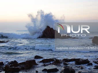 Waves surge due to the external circulation of Typhoon Bebika along the west coast of Qingdao, China, on September 16, 2024. (