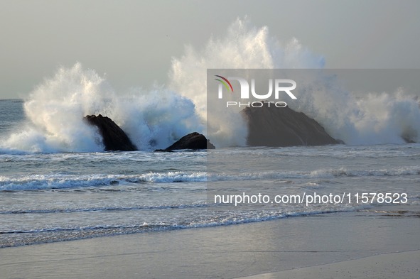 Waves surge due to the external circulation of Typhoon Bebika along the west coast of Qingdao, China, on September 16, 2024. 