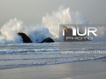 Waves surge due to the external circulation of Typhoon Bebika along the west coast of Qingdao, China, on September 16, 2024. (