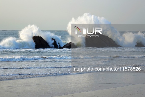 Waves surge due to the external circulation of Typhoon Bebika along the west coast of Qingdao, China, on September 16, 2024. 