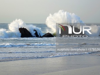 Waves surge due to the external circulation of Typhoon Bebika along the west coast of Qingdao, China, on September 16, 2024. (