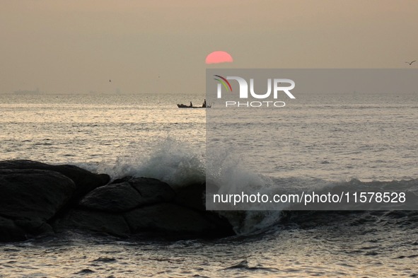 Waves surge due to the external circulation of Typhoon Bebika along the west coast of Qingdao, China, on September 16, 2024. 