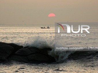 Waves surge due to the external circulation of Typhoon Bebika along the west coast of Qingdao, China, on September 16, 2024. (