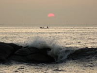 Waves surge due to the external circulation of Typhoon Bebika along the west coast of Qingdao, China, on September 16, 2024. (