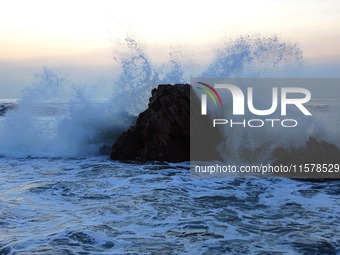 Waves surge due to the external circulation of Typhoon Bebika along the west coast of Qingdao, China, on September 16, 2024. (