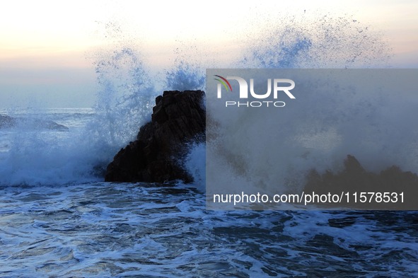 Waves surge due to the external circulation of Typhoon Bebika along the west coast of Qingdao, China, on September 16, 2024. 