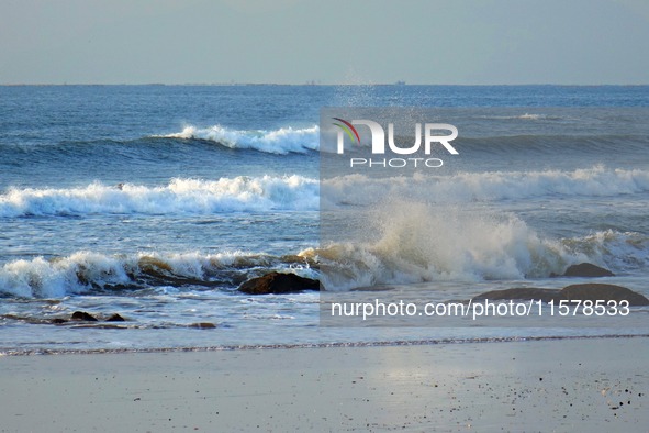 Waves surge due to the external circulation of Typhoon Bebika along the west coast of Qingdao, China, on September 16, 2024. 