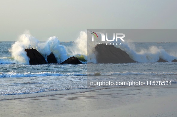 Waves surge due to the external circulation of Typhoon Bebika along the west coast of Qingdao, China, on September 16, 2024. 