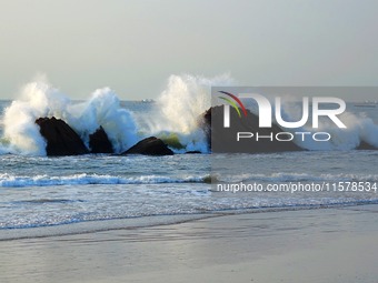 Waves surge due to the external circulation of Typhoon Bebika along the west coast of Qingdao, China, on September 16, 2024. (