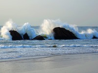 Waves surge due to the external circulation of Typhoon Bebika along the west coast of Qingdao, China, on September 16, 2024. (