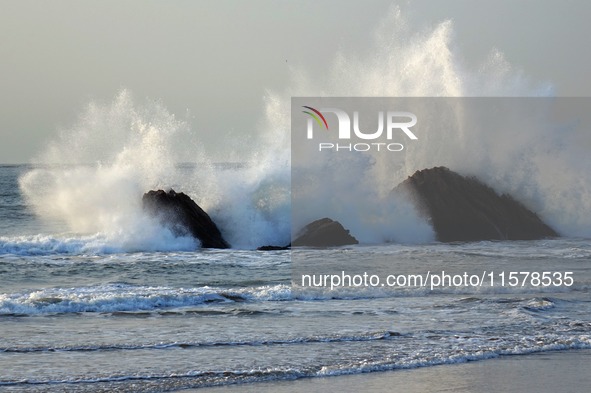 Waves surge due to the external circulation of Typhoon Bebika along the west coast of Qingdao, China, on September 16, 2024. 