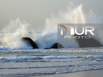 Waves surge due to the external circulation of Typhoon Bebika along the west coast of Qingdao, China, on September 16, 2024. (