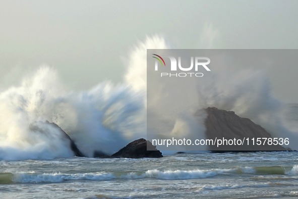 Waves surge due to the external circulation of Typhoon Bebika along the west coast of Qingdao, China, on September 16, 2024. 